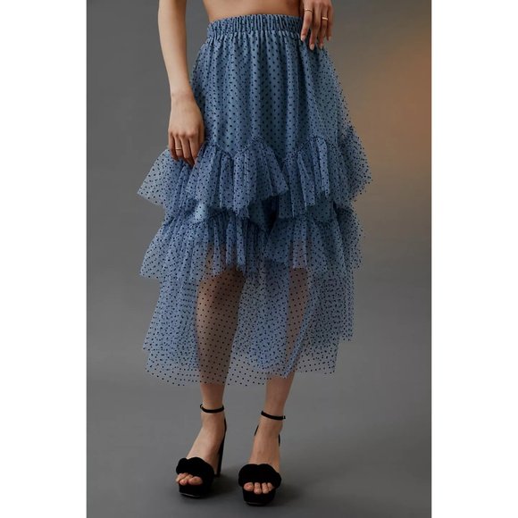 Anthropologie Eva Franco Ruffled Tulle Midi Skirt Blue Polka Dot - Picture 2 of 4